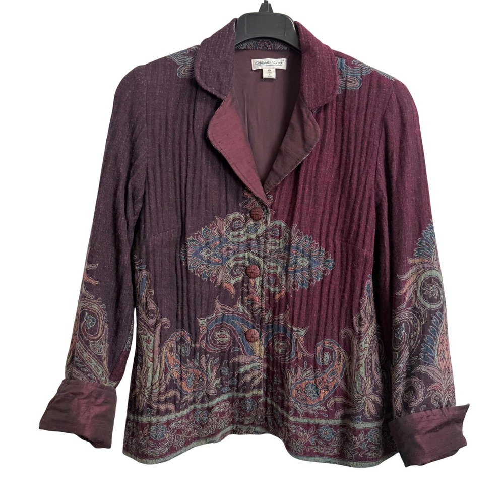 Coldwater Creek Womens Plum Purple Paisley Wool Blend Gauze Blazer Jacket 10